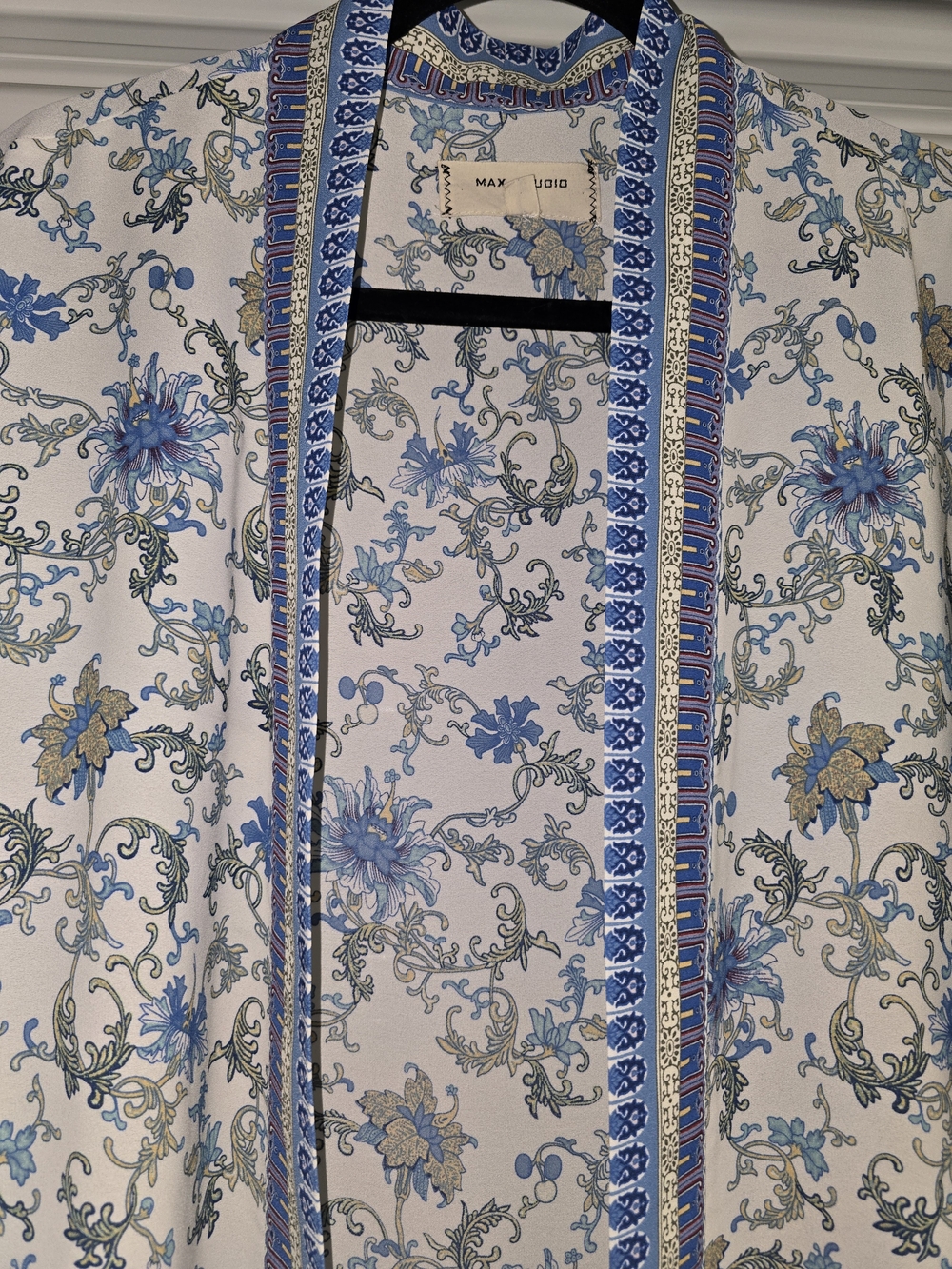 Max Studio White Open-Front Kimono with Blue Floral Border - Picture 5 of 10